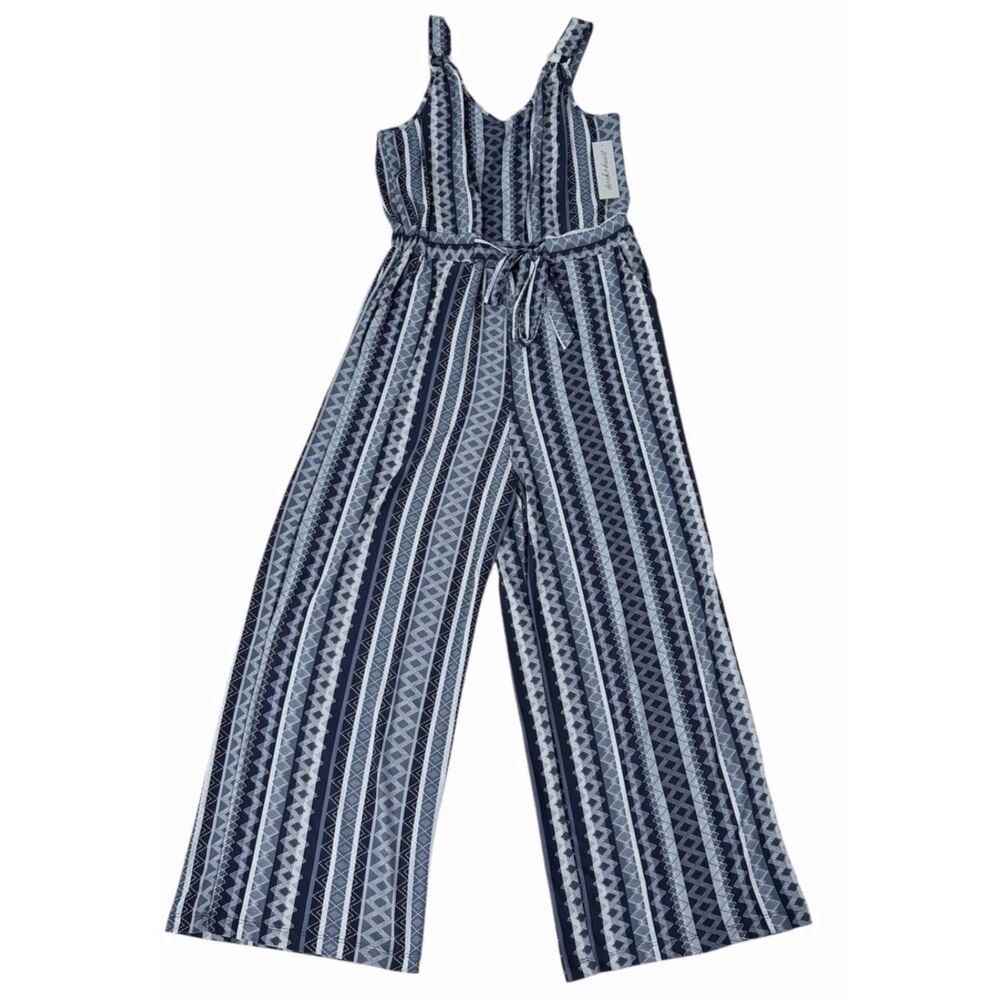 Derek Heart Navy Pattern Jumpsuit Tie Waist Wide Leg Ankle Womens Jr. Size L